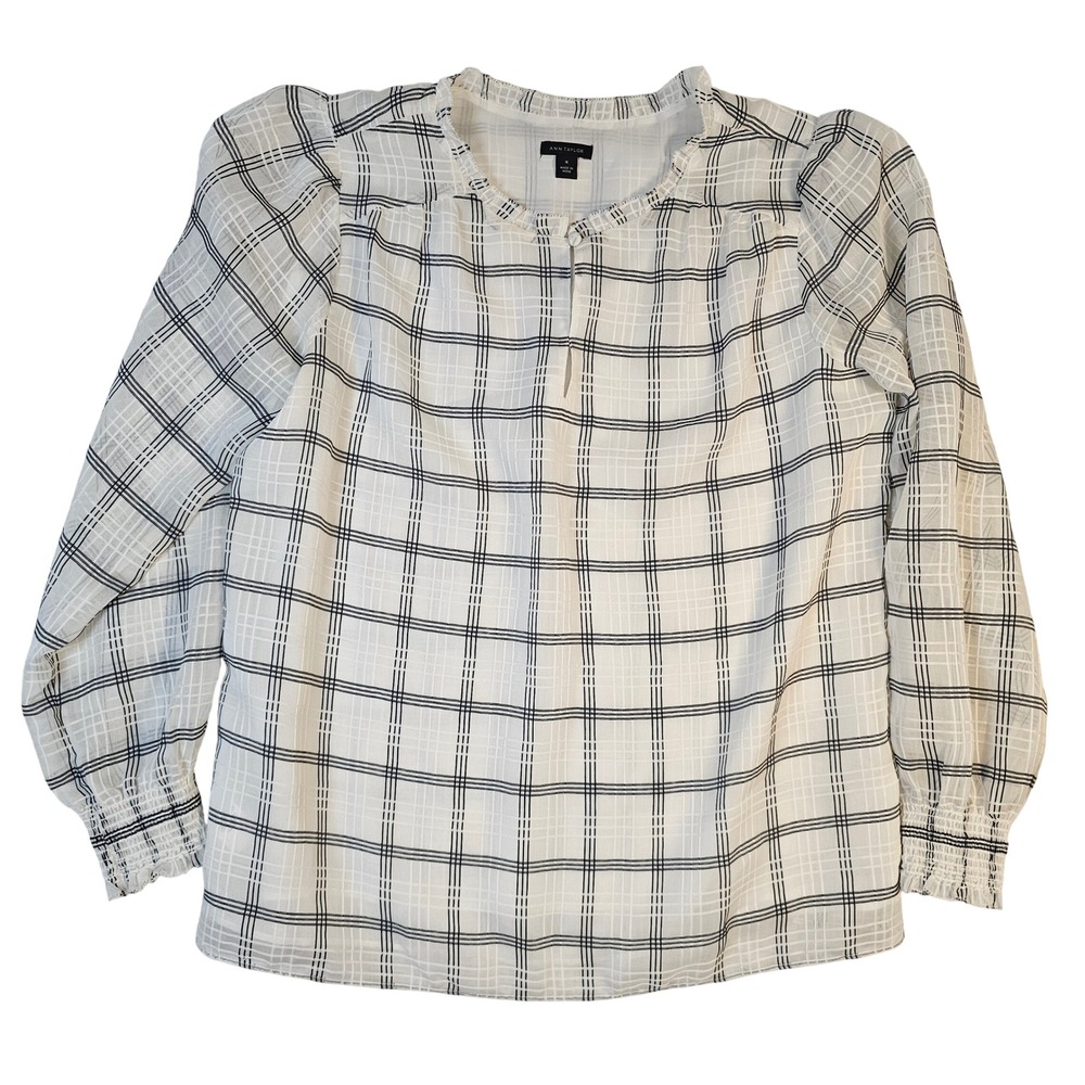 Ann Taylor Womens Medium White Black Plaid Windowpane Blouse Smocked Cuff Top